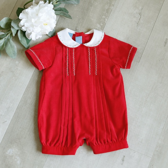 Baby Boy's Red Pin Wale Corduroy Romper Shortall White Green Trim Boutique NWT